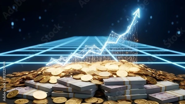 Obraz A dark, stylized image depicting financial growth and success. In the foreground, there is a large pile of gold coins and stacks of paper currency.