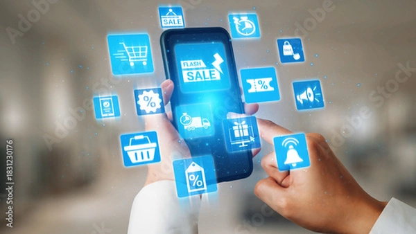 Fototapeta Flash sale icons show ecommerce, flash sale discount, and digital promotion. Flash sale drives customer shopping, flash sale marketing, and conversion growth. Gist