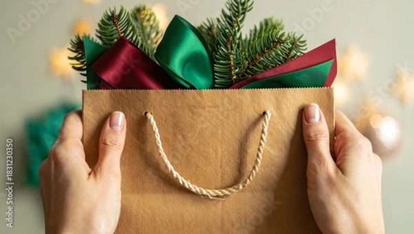 Fototapeta Hands hold a kraft paper bag filled with green and red satin ribbons and fresh evergreen branches, creating a simple and festive holiday arrangement