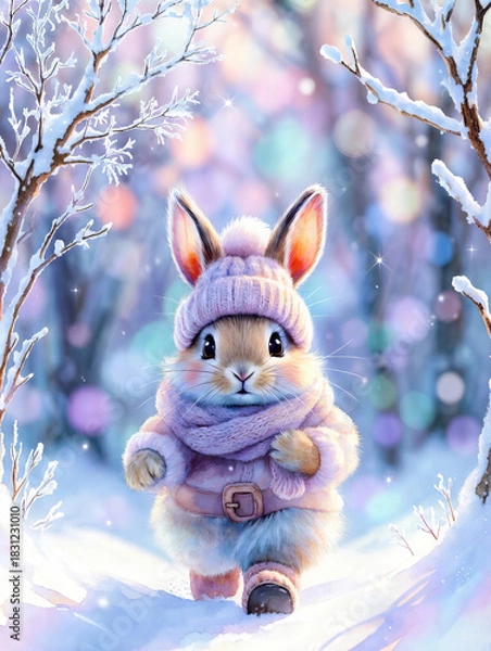 Fototapeta Adorable baby bunny dressed in lilac knitted winter clothes, walking through a sparkling snowy forest. Soft bokeh lights, fluffy fur, warm cozy atmosphere. Cute Christmas character perfect for holiday