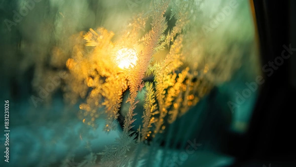 Fototapeta Frost crystals on a cold car window glow in warm golden sunlight, forming delicate winter patterns with shimmering textures and soft teal tones