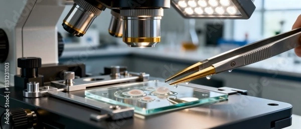 Fototapeta Scientist Using Tweezers on Glass Slide Under Microscope
