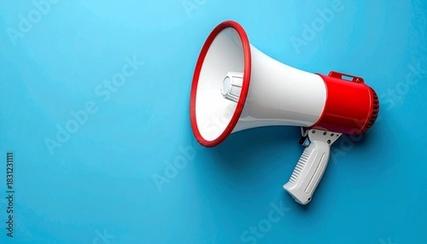 Fototapeta A vibrant image of a megaphone on a bright blue backdrop, ready to deliver messages