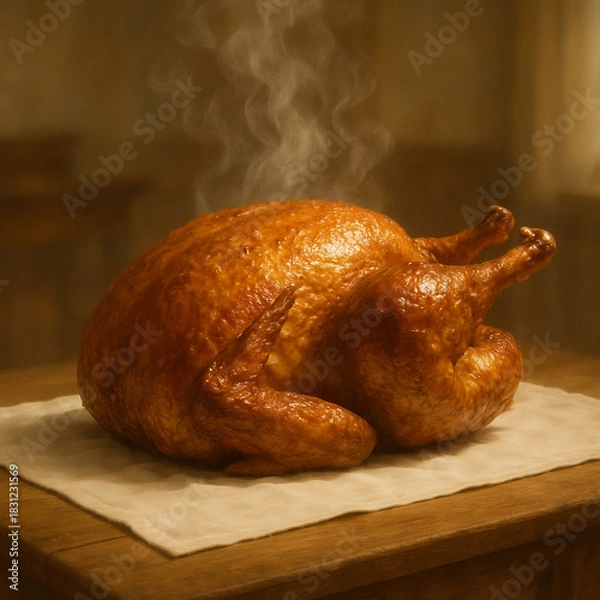 Fototapeta A perfectly roasted whole turkey resting on a wooden cutting board, with steam rising from the golden crispy skin. The dish is garnished with fresh rosemary sprigs and orange slices, creating a warm a