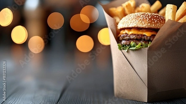 Fototapeta A double cheeseburger with fries in a paper box, with blurred bokeh lights in the background.