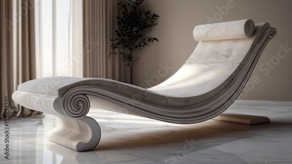 Fototapeta A stylish chaise lounge in a modern interior setting, bathed in natural light. The design is minimalist and luxurious.