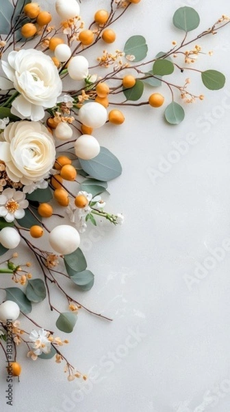 Fototapeta Close-up of a floral arrangement featuring white flowers, orange berries, and green leaves against a white background. The composition is elegant and fresh.