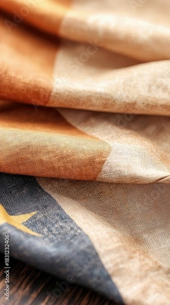 Fototapeta Close-up of folded fabric with abstract design in warm tones. The fabric has a textured appearance.