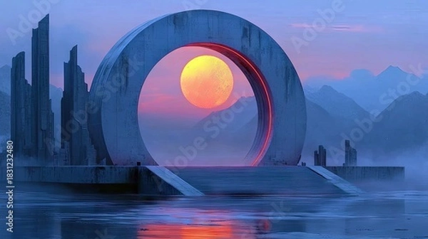 Fototapeta A surreal, digital artwork depicting a large concrete portal with a glowing sun at the center, set against a backdrop of mountains and water, creating a dreamli