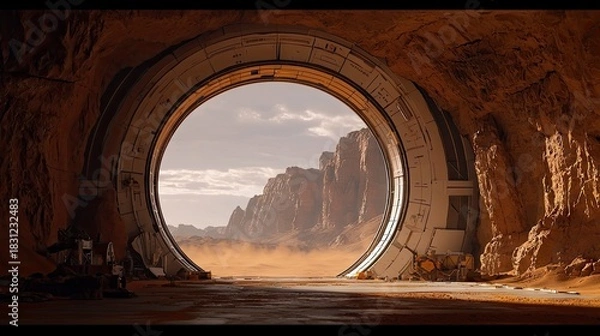 Fototapeta A futuristic portal opens to a desert landscape, with a dramatic lighting, creating a sense of wonder and exploration.