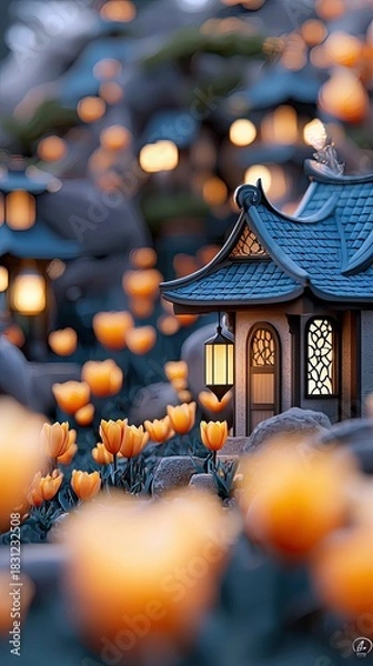 Fototapeta A miniature Japanese village scene with glowing lanterns, orange tulips, and a soft, blurred background, creating a dreamy, peaceful atmosphere at dusk.
