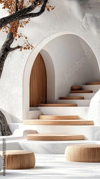 Fototapeta An architectural design featuring a white wall with an archway, wooden door, and steps. A tree branch extends across the top, with bright lighting.