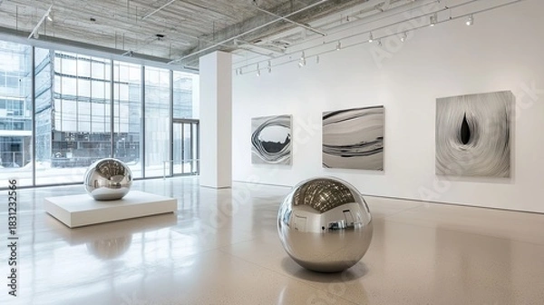 Fototapeta Interior of a modern art gallery featuring sculptures, paintings, and large windows. The space has a minimalist design with bright lighting.