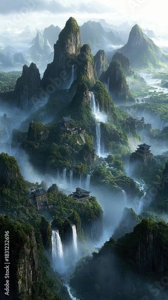 Fototapeta A scenic landscape featuring waterfalls cascading down lush, green mountains, with traditional temples nestled among the peaks, shrouded in mist.