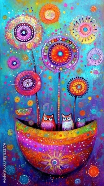 Fototapeta An artistic illustration featuring a boat with owls and colorful flowers, vibrant and whimsical.