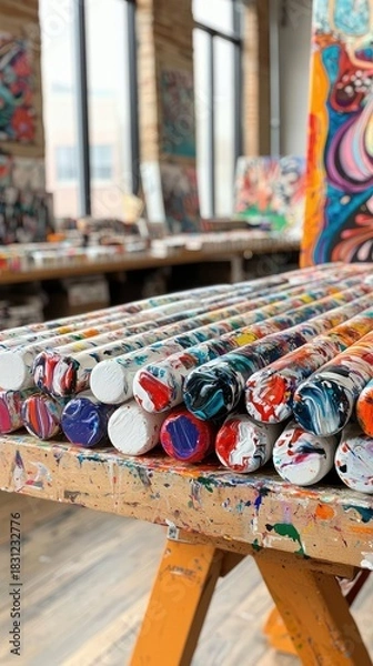 Fototapeta Close-up of colorful paintbrushes resting on a paint-splattered easel in an art studio, with bright natural light.