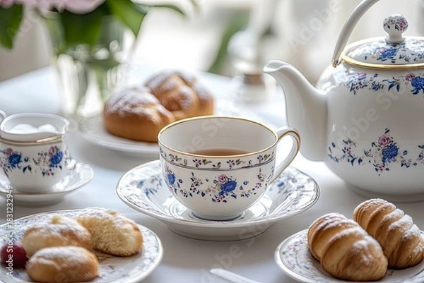 Obraz Elegant porcelain tea set with tea, exquisite pastries, and a warm atmosphere