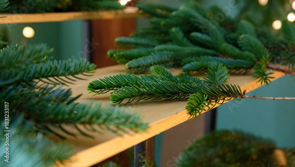 Fototapeta Fresh evergreen branches lie scattered on warm wooden steps, illuminated by soft festive lights in the background, creating a cozy holiday atmosphere with natural textures and rich green tones