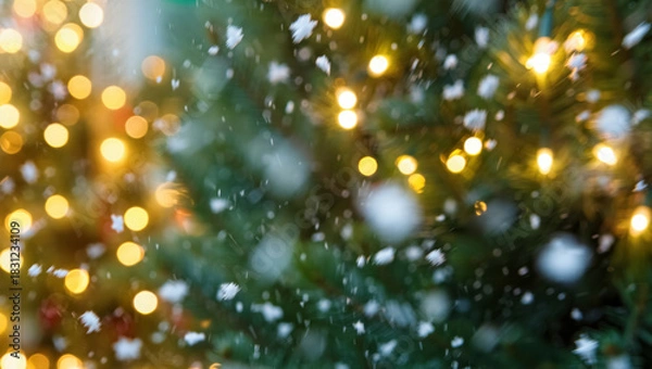 Fototapeta Soft snowflakes falling in front of blurred warm Christmas lights and deep green pine branches, creating a dreamy, glowing winter holiday atmosphere filled with motion and sparkle