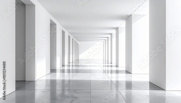 Fototapeta Minimalist corridor with bright light and reflective floor architectural perspective