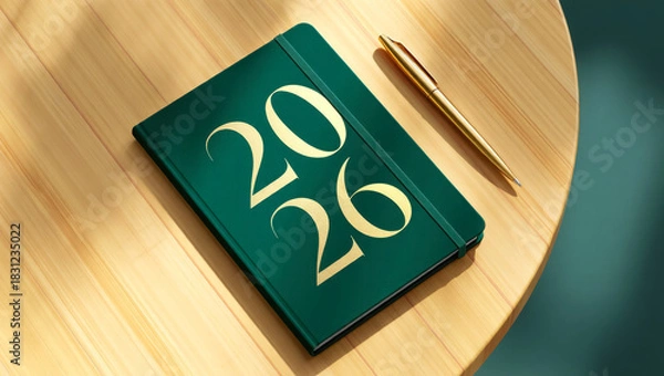 Fototapeta Elegant green 2026 planner with gold embossed numbers lying on a light wooden table beside a golden pen, softly lit to create a clean and modern workspace mood