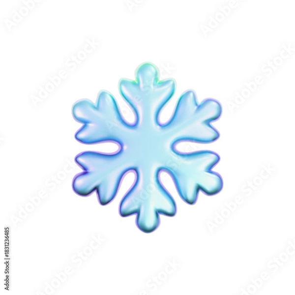 Fototapeta 3D blue holographic snowflake with glass neon texture isolated on white background. Glossy frozen crystal iridescent snowflake decoration for Christmas or New Year design, card, poster. 3D vector icon