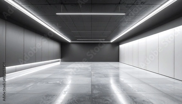 Fototapeta Modern minimalist interior space with polished concrete floor, lighting and architectural design