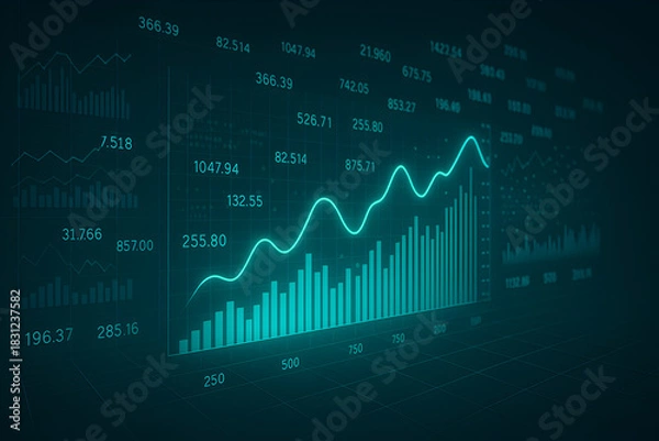 Obraz Green glowing financial chart with bars and line graph on dark grid background representing market analytics, trading performance and business data visualization
