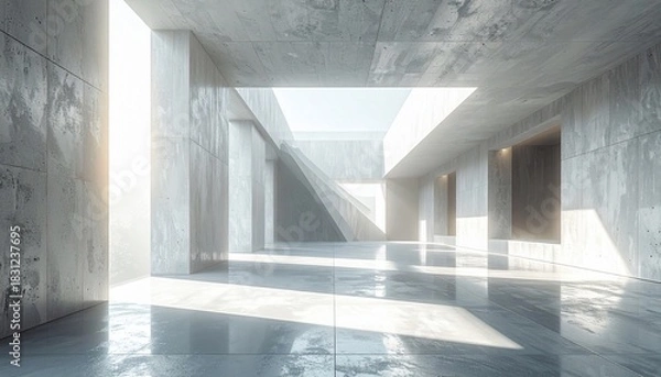Fototapeta Minimalist concrete architecture with sunlit openings creates modern and futuristic perspective