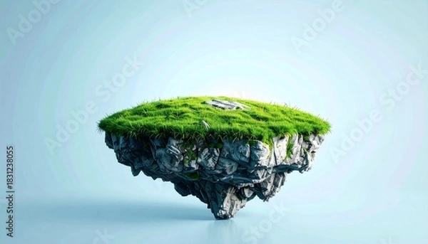 Fototapeta A surreal floating island with lush greenery and rocky cliffs against a serene sky