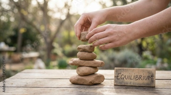 Fototapeta Hands stacking clay stones on table with equilibrium sign outdoors
