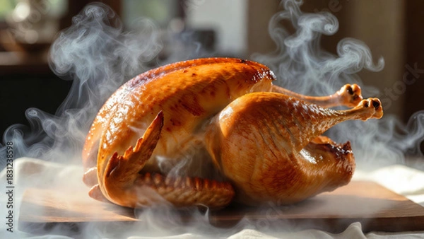 Fototapeta A perfectly roasted whole turkey resting on a wooden cutting board, with steam rising from the golden crispy skin. The dish is garnished with fresh rosemary sprigs and orange slices, creating a warm a