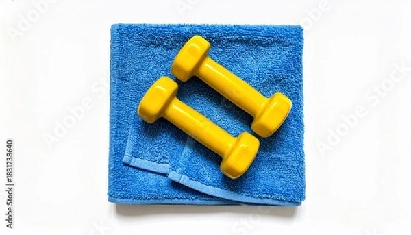 Fototapeta Gym equipment with dumbbells and towel on a white background, concept for training