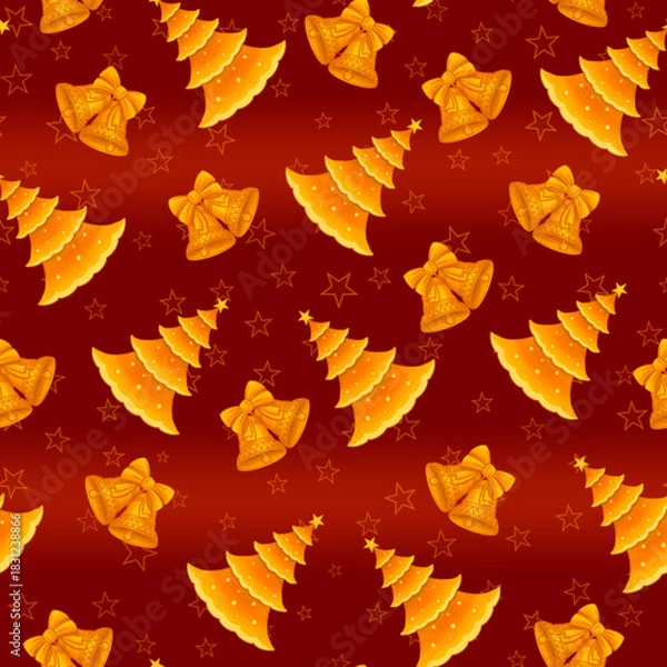 Fototapeta Seamless Christmas pattern with Christmas trees and bells on a red background with bright gold stars. Vector illustration.