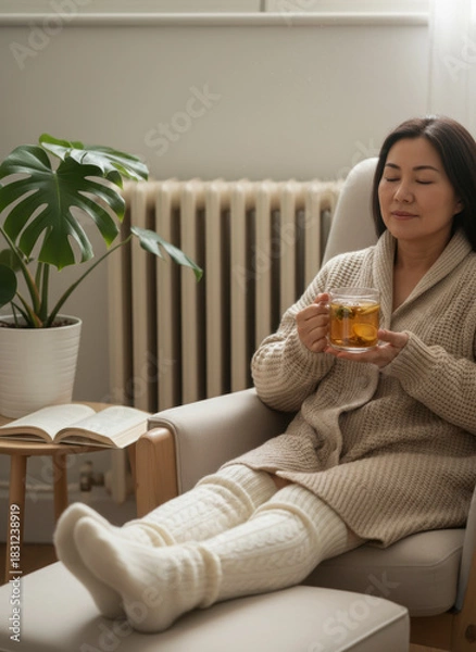 Fototapeta A relaxed woman enjoys a soothing cup of tea while wrapped in calm and cozy comfort