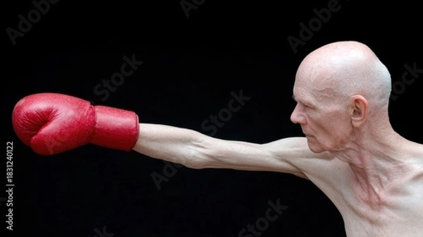 Fototapeta Determined Senior Boxer Throwing a Punch with Red Boxing Glove Against Black Background, Promoting Fight