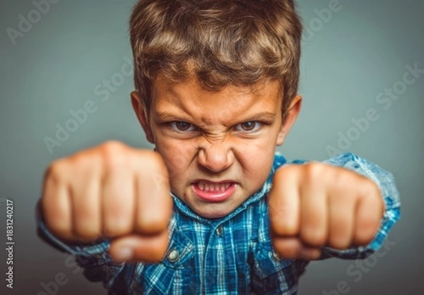Fototapeta Furious Young Boy with Clenched Fists Displaying Anger and Aggression, Isolated Image