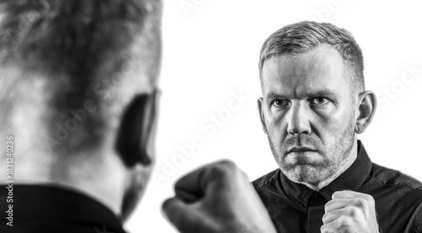 Fototapeta Man Confronting His Reflection with Clenched Fists, Black and White Portrait of Strength