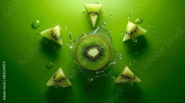 Obraz kiwi fruit slice splash with fresh green wedges on bright green background