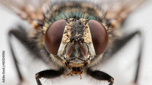 Fototapeta A macro shot of a fly's face, showcasing its compound eyes and intricate details.