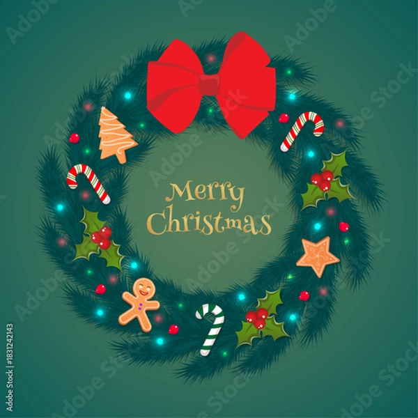 Fototapeta Christmas Wreath with Gingerbread Cookies and Red Bow – Festive Pine Decoration with "Merry Christmas"Text