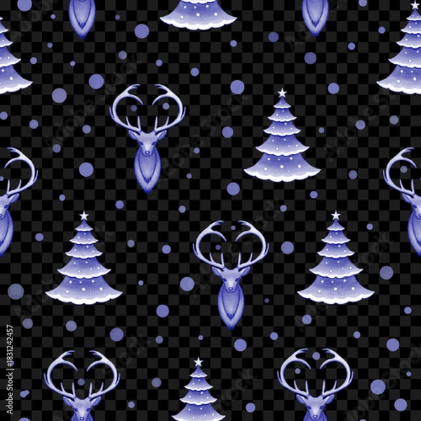 Fototapeta Seamless Christmas pattern with deer and Christmas trees with snow on a transparent background. Vector illustration.