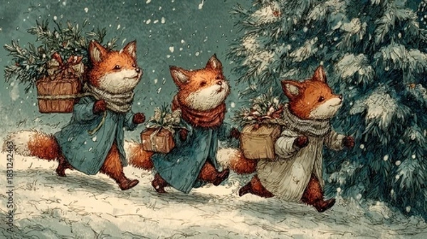 Fototapeta Whimsical Winter Three Foxes on a Festive Journey Through Snowy Woods with Holiday Gifts and Christmas Trees