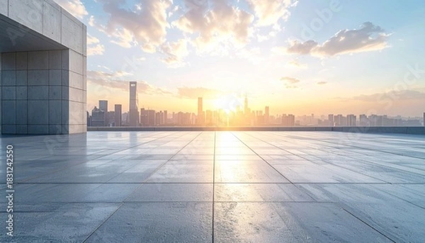Fototapeta Stunning cityscape view with modern architecture and breathtaking sunset over a vibrant skyline