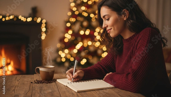 Fototapeta A woman writes thoughtfully at a table as sparkling holiday lights create a warm seasonal mood