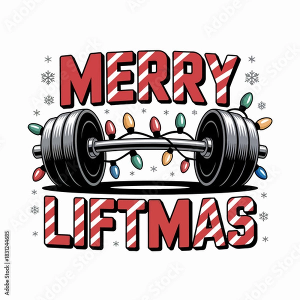 Obraz A barbell is adorned with colorful Christmas lights . The words 'Merry Liftmas' are featured prominently in festive red and white.