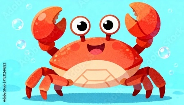 Fototapeta Digital cartoon illustration of a cheerful red crab on a bright blue background with water bubbles around, perfect for children’s books, educational materials, summer designs, marine-themed graphics