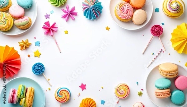 Fototapeta Vibrant and Playful Arrangement of Colorful Desserts and Decorations on White Surface