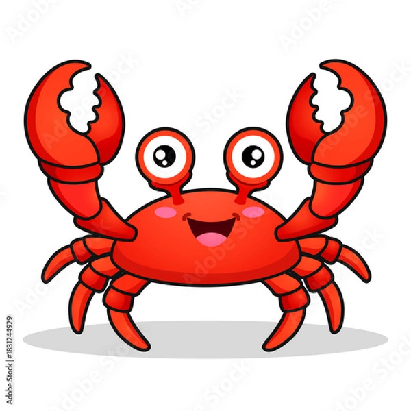 Fototapeta Cartoon illustration of a bright red crab with a wide smile and rosy cheeks, drawn in bold outline style and isolated on a clean white background. Perfect for children’s books, educational materials