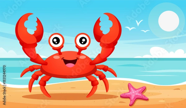 Fototapeta Cartoon digital illustration of a cheerful red crab on a sandy beach with a large starfish, bright blue ocean background, clear sky and flying birds, perfect for kids’ designs, educational materials
